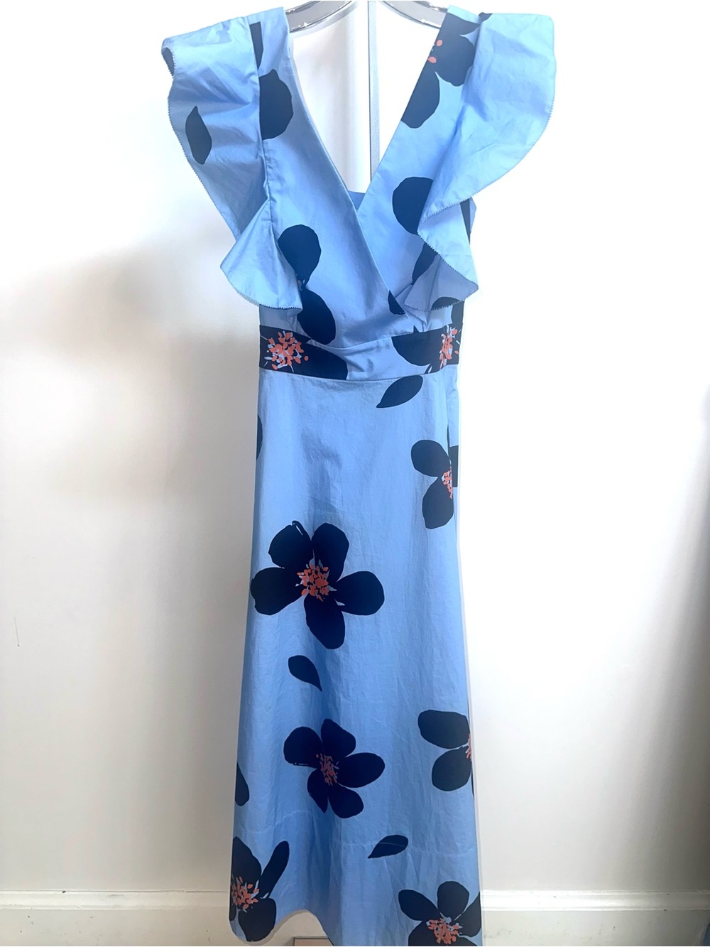Kate Spade Blue Floral Maxi Dress with Ruffle V-Neck